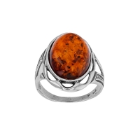 Bague ambre cognac, grand ovale ajouré, motifs fleur, argent 925/1000 rhodié