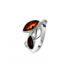 Bague feuilles en Ambre cognac et cerise et armature argent 925/1000 rhodié