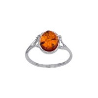 Bague ovale ambre cognac en argent 925/1000 rhodié