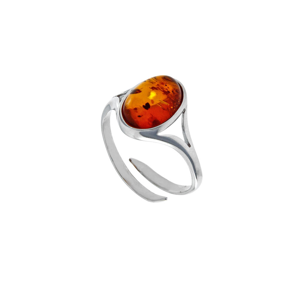 Bague réglable en argent 925/1000 rhodié et ambre cognac