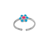 Bague réglable fleur émail rose et bleu argent 925/1000 rhodié