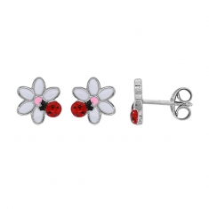 Boucles d'oreilles coccinelle sur fleur émail blanc rouge rose noir, argent 925/1000 rhodié