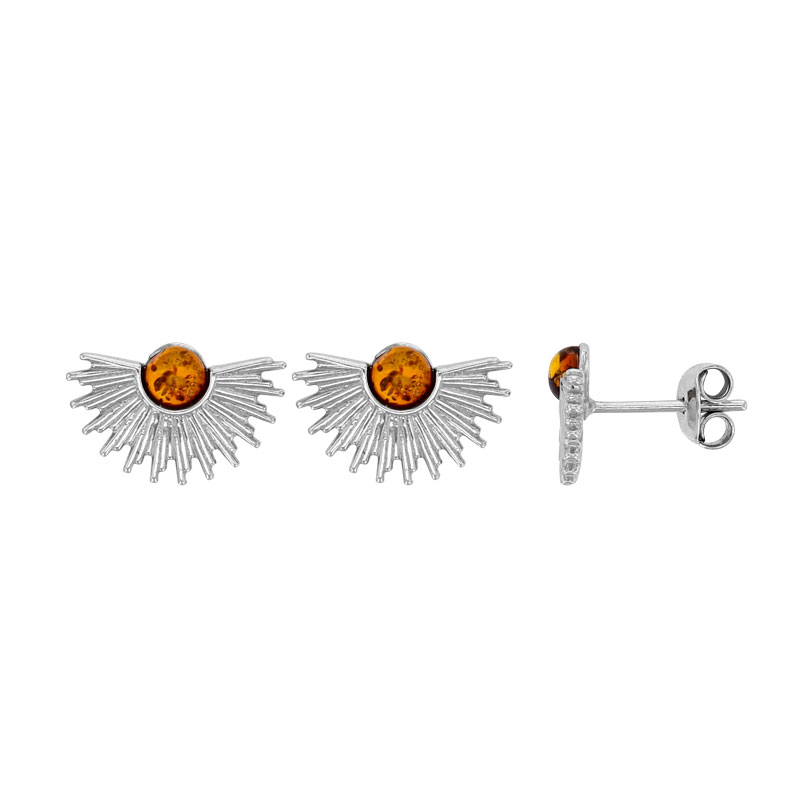 Boucles d'oreilles demi-soleil pierre ronde ambre et argent 925/1000 rhodié