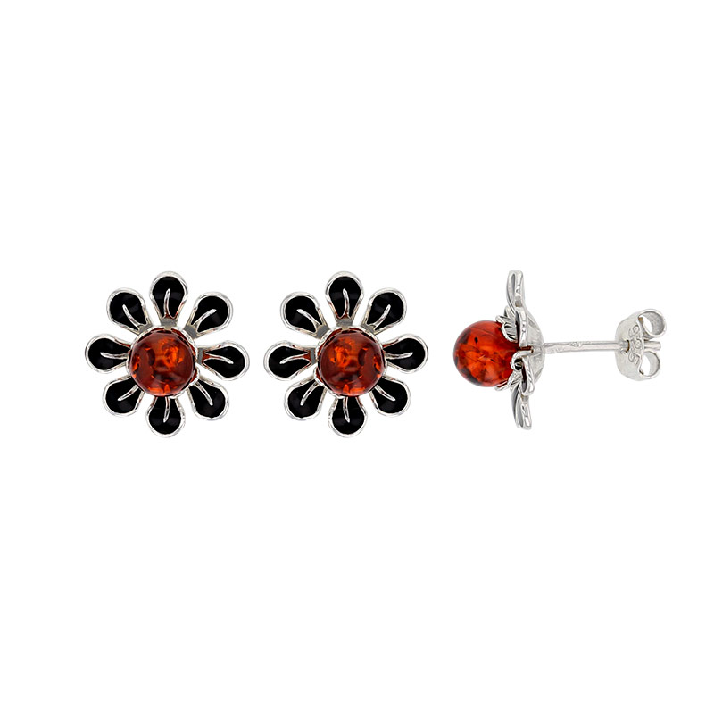 Boucles d'oreilles fleur ambre cognac et émail noir en argent 925/1000 rhodié