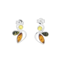 Boucles d'oreilles incurvée pierres ambre couleurs miel, citrine et vert, argent 925/1000 rhodié