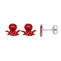 Boucles d'oreilles pieuvre émail rouge argent 925/1000 rhodié