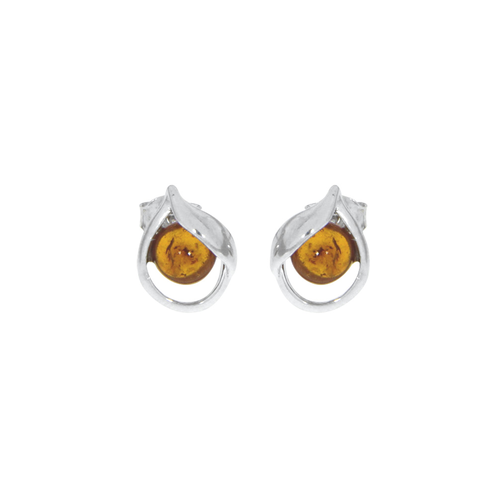 Boucles d'oreilles puce ambre couleur miel ornées de feuille en argent 925/1000 rhodié