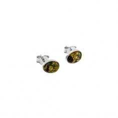 Boucles d'oreilles puces ovales 6 x 8mm en ambre verte et argent 925/1000