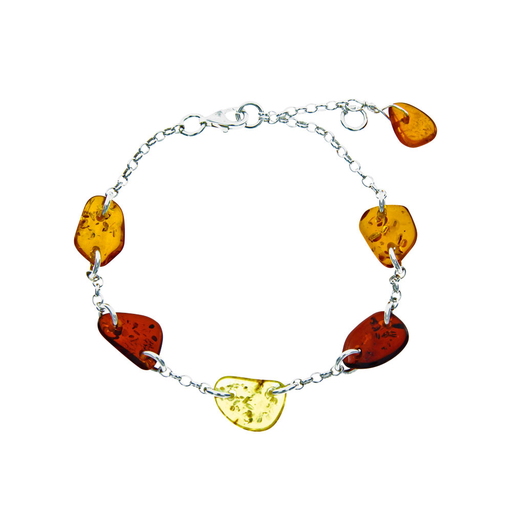 Bracelet argent 925/1000 et pierres plates en Ambre couleurs cognac, citrine et cerise