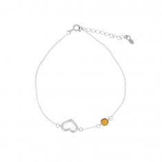 Bracelet fin avec boule ambre couleur miel et coeur ajouré en argent 925/1000 rhodié