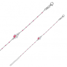 Bracelet papillon, émail blanc et rose, maille perlée, diamantée, argent 925/1000 rhodié