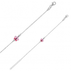 Bracelet papillon émail rose, maille perlée et diamantée argent 925/1000 rhodié