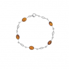Bracelet pierres ovales en ambre et mailles fantaisies ajourées argent 925/1000 rhodié