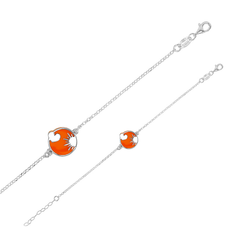 Bracelet rond émail orange, coeur et soleil en argent 925/1000