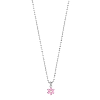 Collier fleur émail rose et verre maille perlée et diamantée argent 925/1000 rhodié