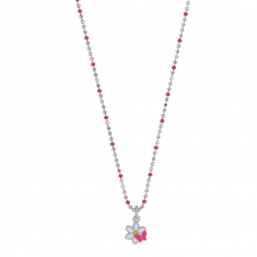 Collier papillon, émail blanc et rose, maille perlée, diamantée, argent 925/1000 rhodié