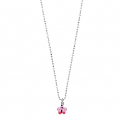 Collier papillon émail rose, maille perlée et diamantée argent 925/1000 rhodié