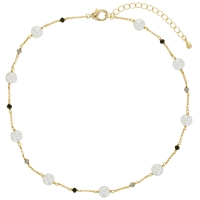 Collier perles de Majorque blanches, cristal, chaîne laiton doré