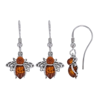 Dormeuses abeille ambre cognac, argent 925/1000 rhodié