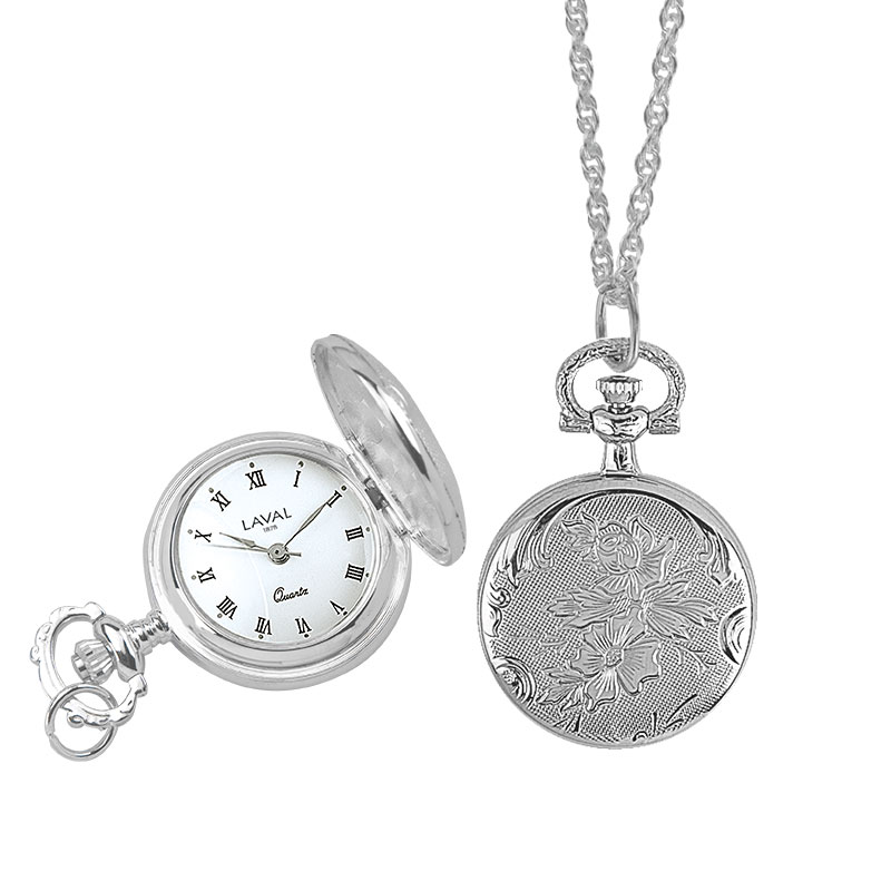 Montre pendentif à couvercle motif fleur, laiton argenté, 3 aiguilles, chiffres romains