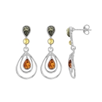 Pendants forme ovale ambre cognac, miel et gris en argent 925/1000 rhodié