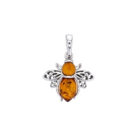 Pendentif abeille ambre cognac, argent 925/1000 rhodié