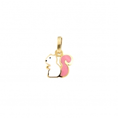 Pendentif enfant écureuil en Or 375/1000, émail blanc et rose