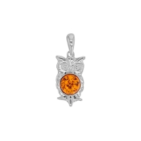 Pendentif hibou ambre cognac en argent 925/1000 rhodié