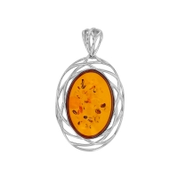 Pendentif ovale ajouré ornée d'une ambre cognac en argent 925/1000 rhodié