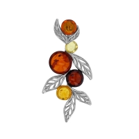 Pendentif pierres Ambre cognac, citrine et cerise avec feuilles argent 925/1000 rhodié