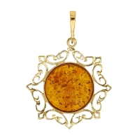 Pendentif rond encerclé de motif, Ambre cognac en argent 925/1000 doré