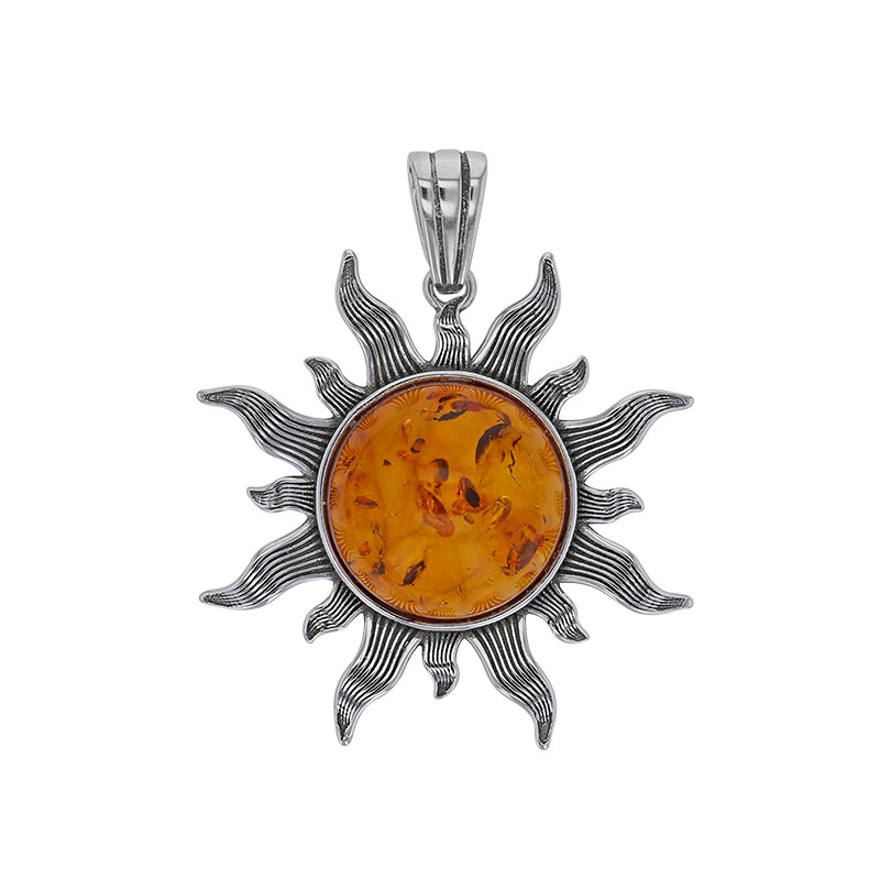 Pendentif soleil ambre cognac en argent 925/1000 vieilli