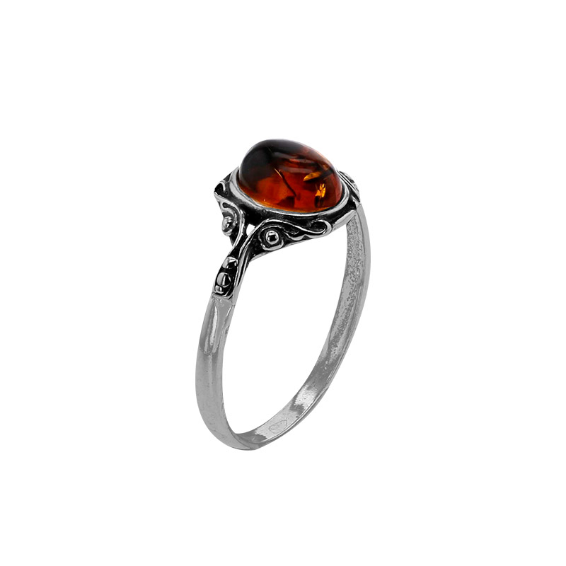 Bague ambre cognac, forme ovale, argent 925/1000 vieilli