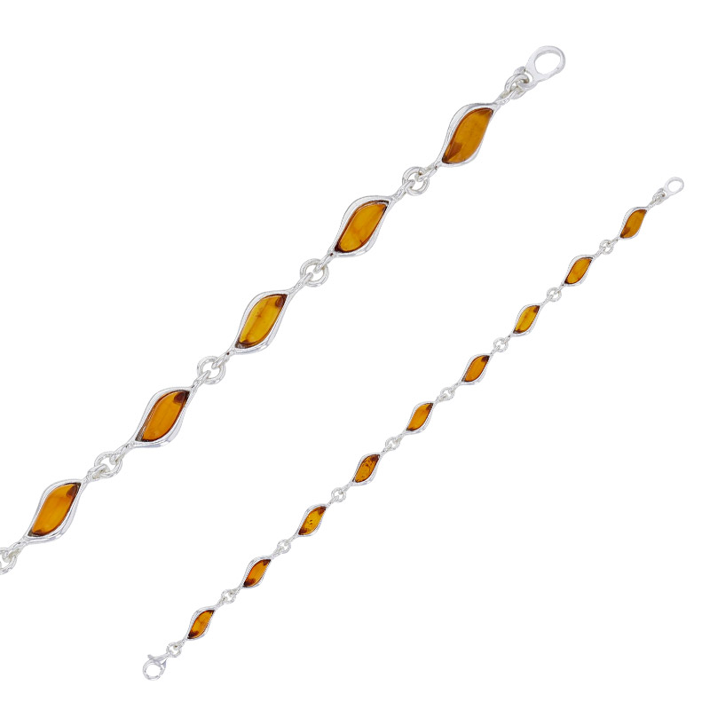 Bracelet forme amande en ambre cognac en argent 925/1000 rhodié